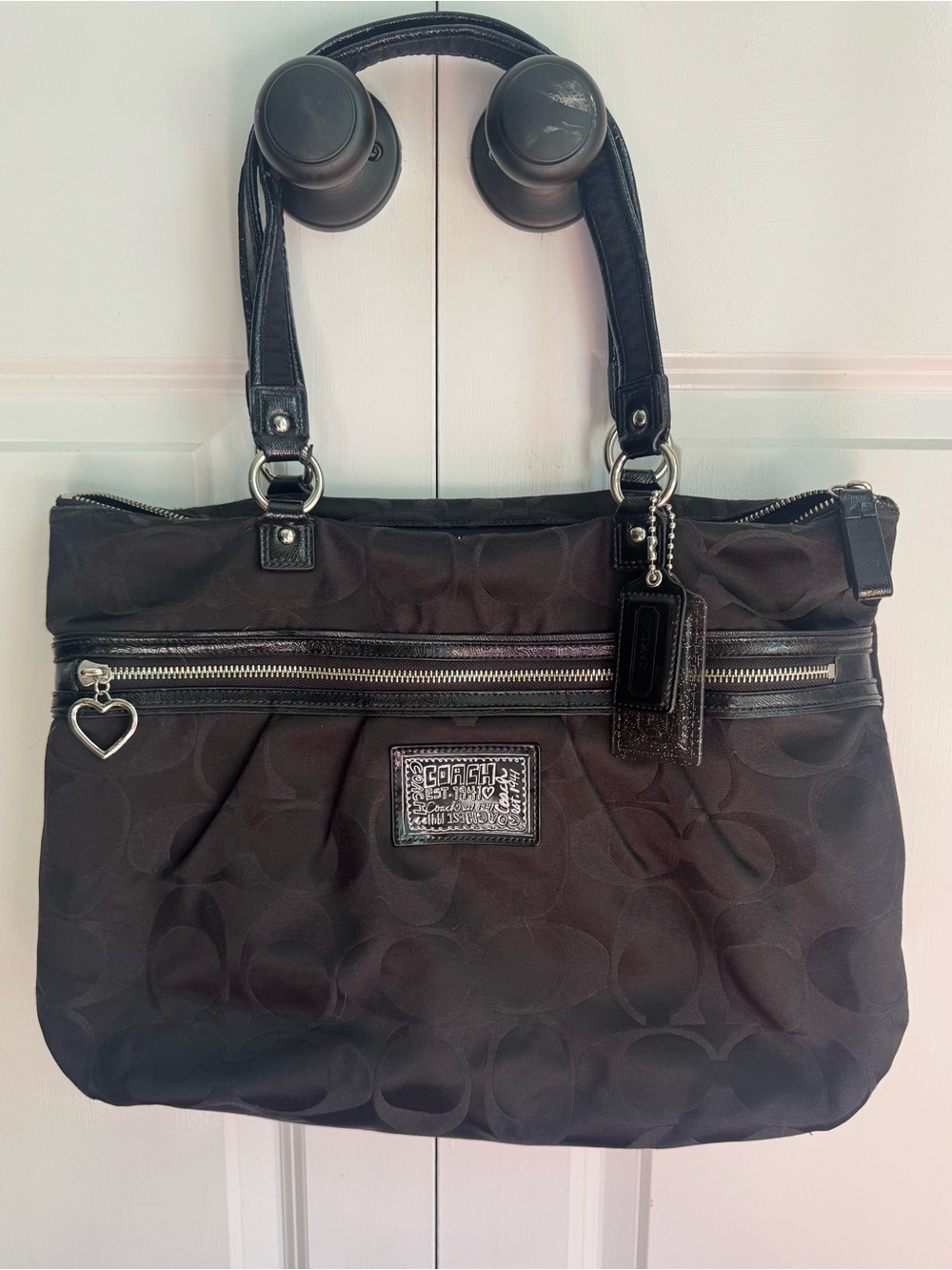 Coach poppy Black Signature Shoulder Tote with Heart Charm